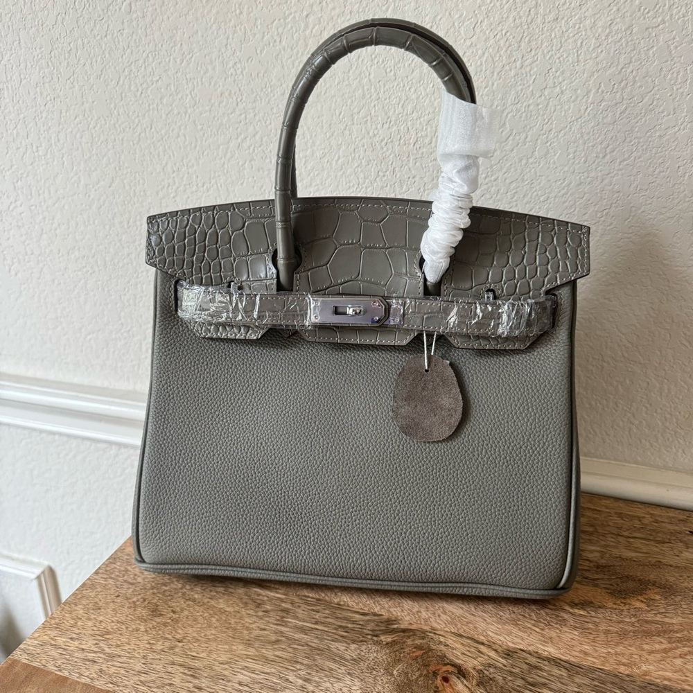 Gray Croc Emboss 30 Leather Touch Satchel Bag w/ Silver HW Lock Key Belted